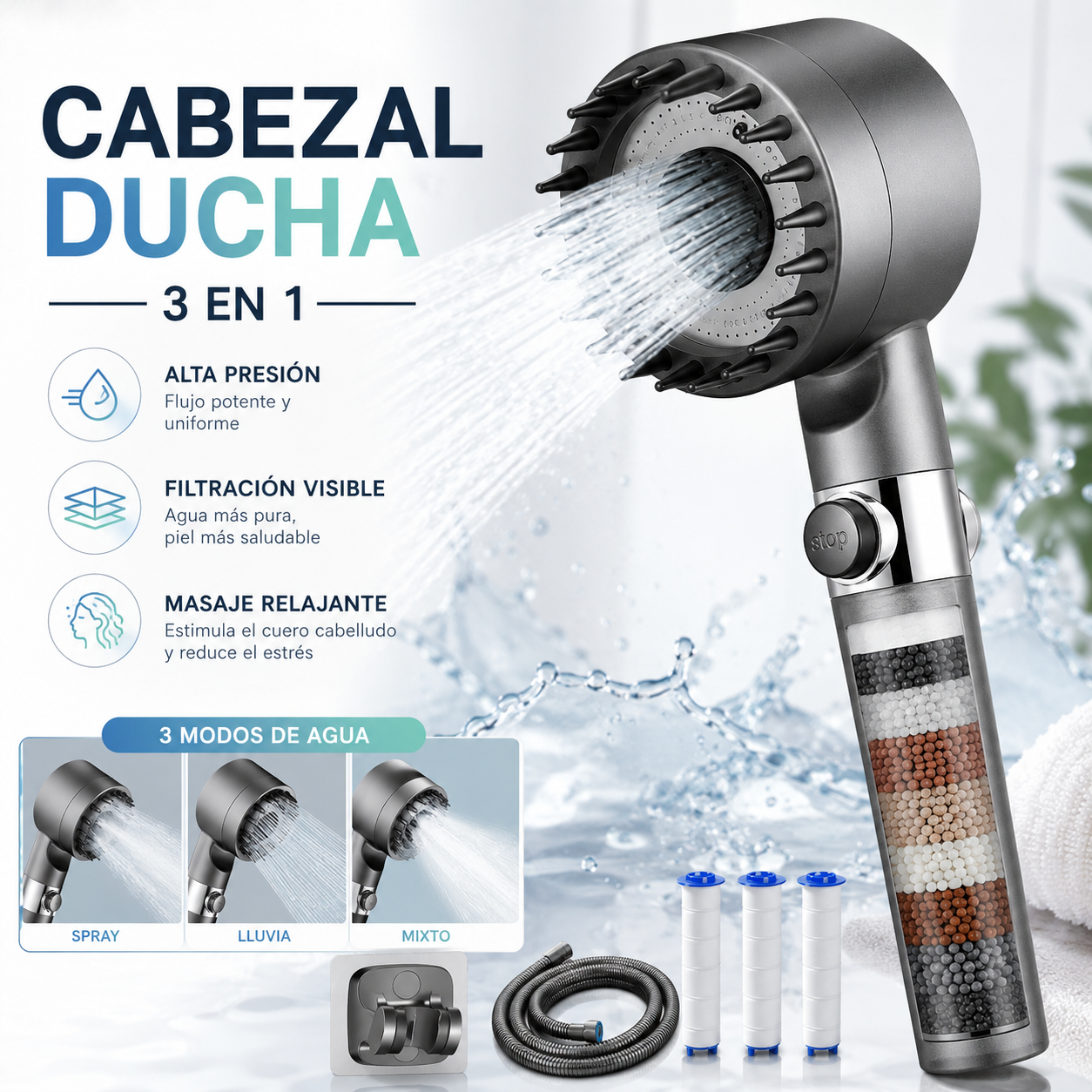 Masajeador de ducha con 3 modos